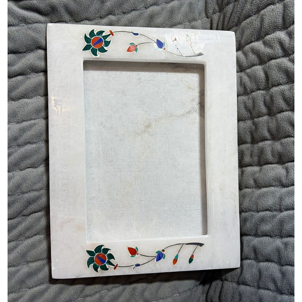 White Marble Floral Inlay Photo Frame Freestanding 7x10 Fits 4.75x7.25